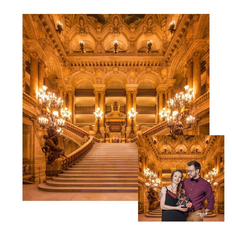 Renaiss 8x8ft Gold Luxurious Palace Backdrop for Photography European Old Church Golden Castle Royal Interior Chandelier Staircase Background Wedding Anniversary Party Banner Photo Booth Props - Image 1